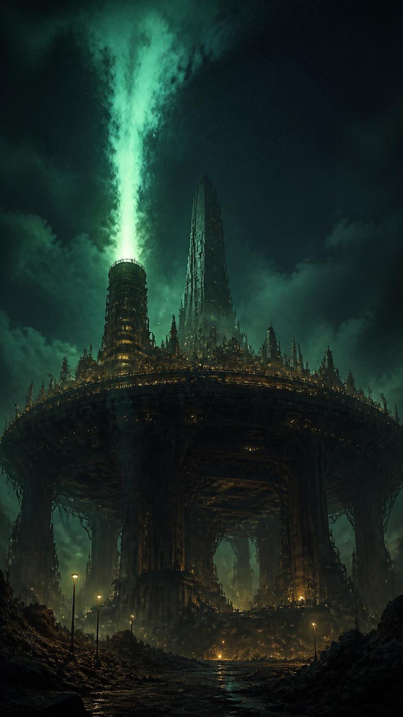 Looking up from the wasteland at a plate city on massive columns, one reactor firing a column of green energy into the night sky.