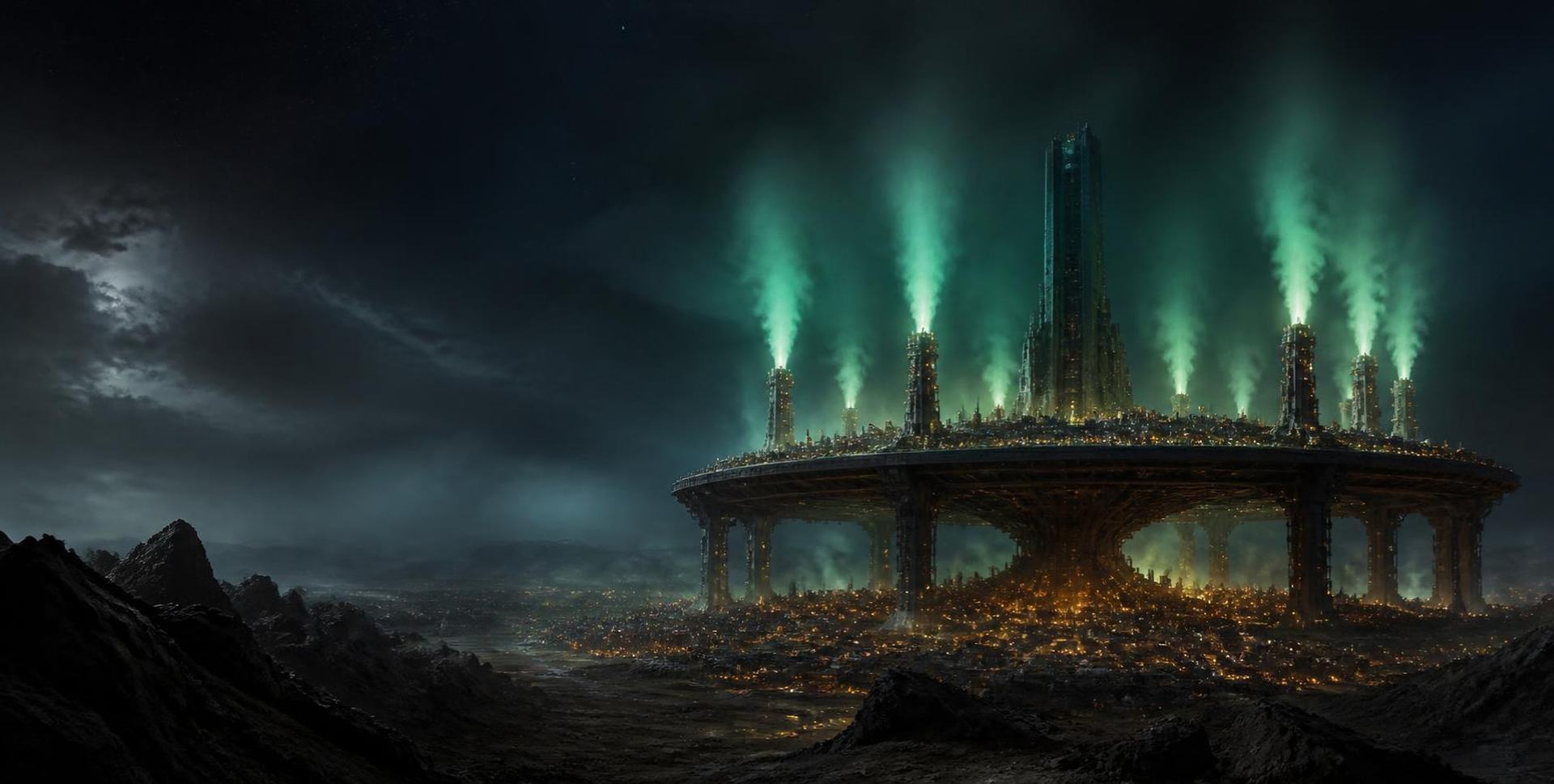 A colossal round city raised on a steel plate above a dark wasteland at night, eight reactor towers venting plumes of green energy around a central skyscraper, slum lights glowing beneath.