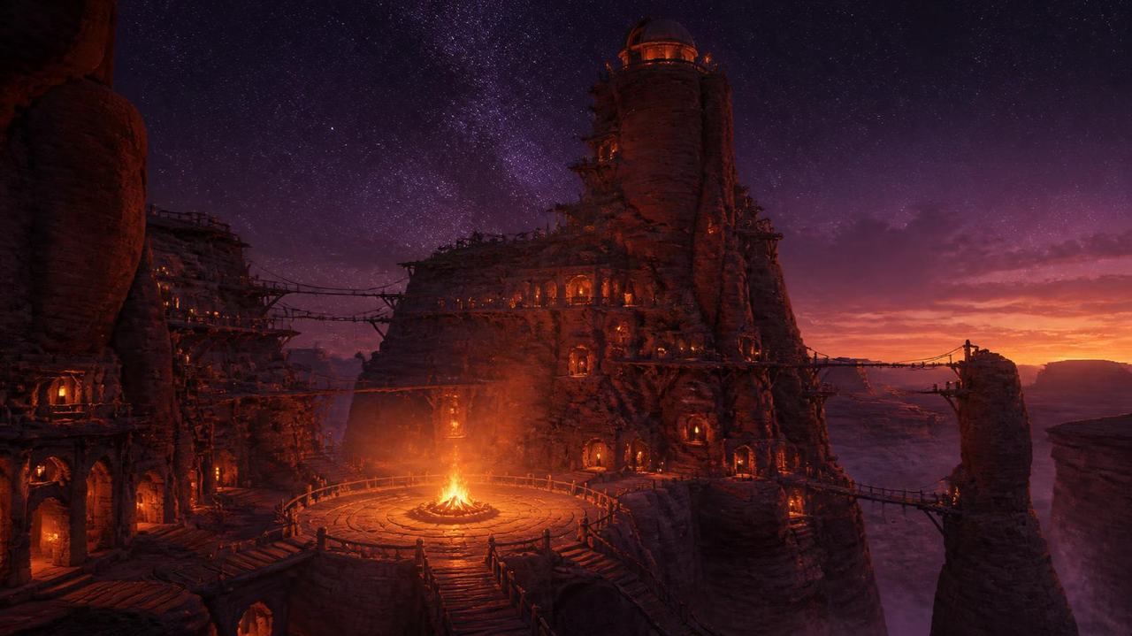 A red rock canyon village at dusk built into towering cliffs around a great bonfire, an observatory dome at the top of the spire under a starry violet sky.