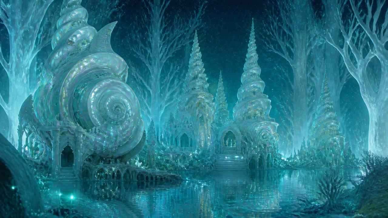 An ancient city of spiral shell shaped buildings in a forest of white trees, glowing pale blue and green beside a still pool.