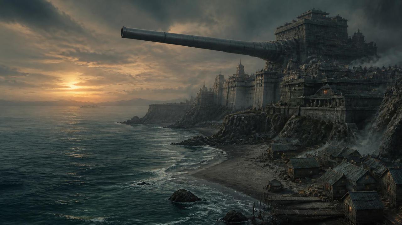 A grey military city on a sea cliff at sunrise, a colossal cannon reaching far out over the water above a small village on the shore.