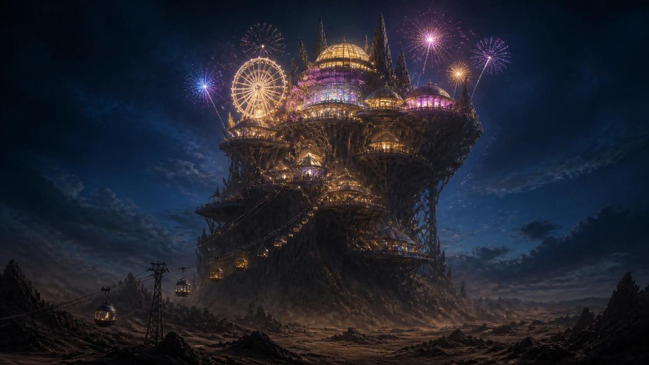 A glittering amusement park on top of a towering rock above a night desert, a ferris wheel and golden domes lit by fireworks, a cable car climbing toward it.