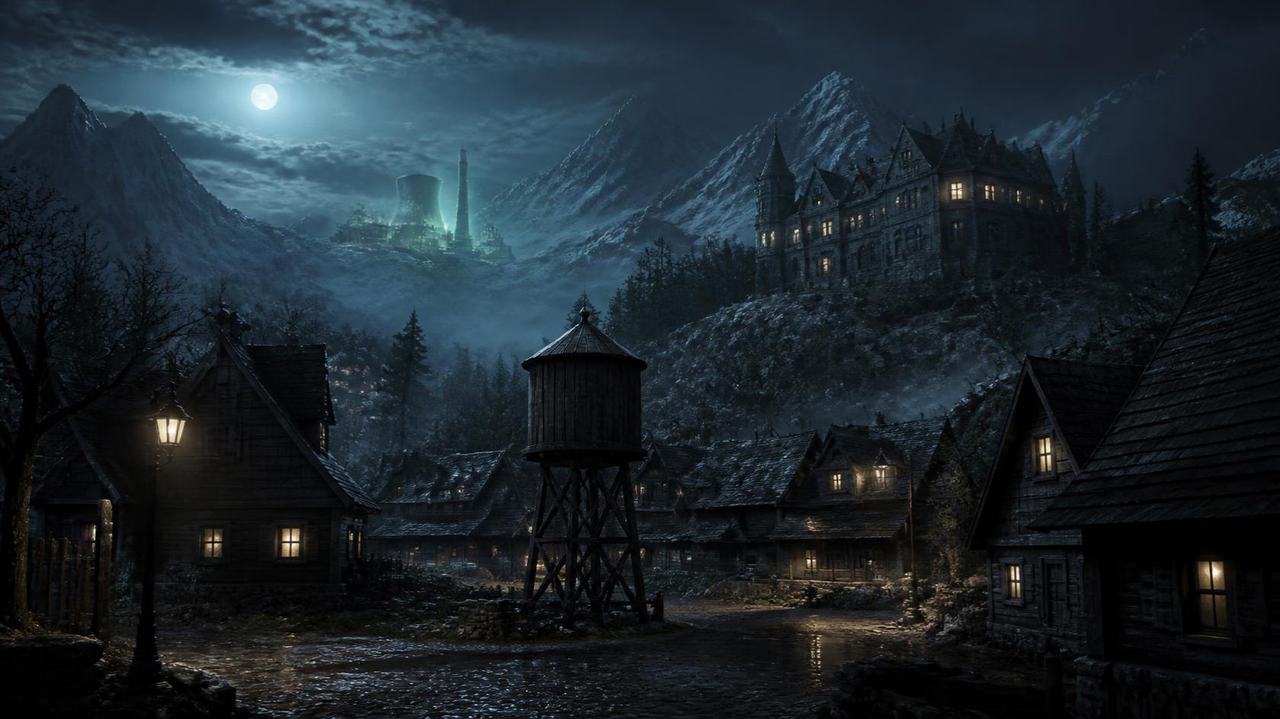 A quiet mountain village at night ringed by snowy peaks, a wooden water tower in the square and a gloomy mansion on the hill under a cold moon.