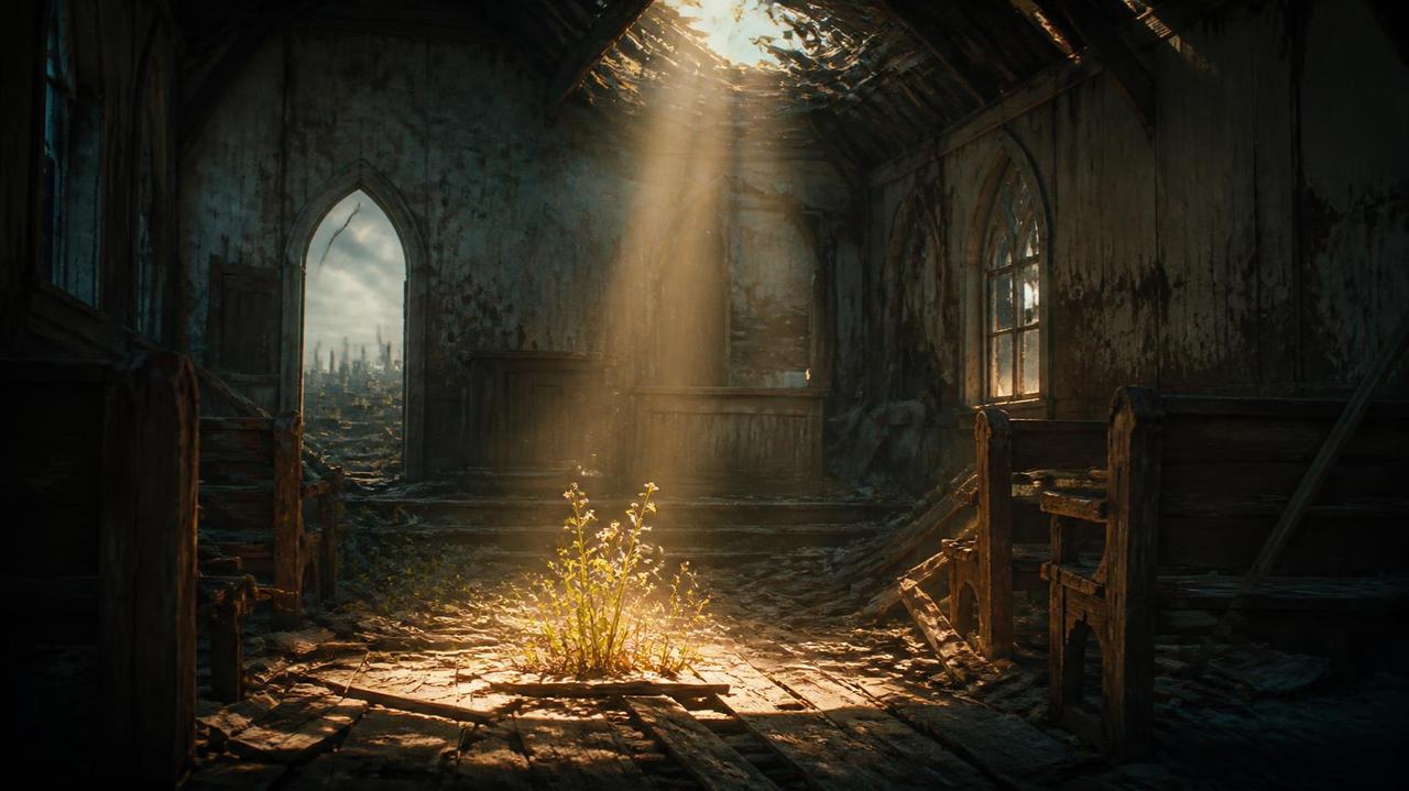 Inside a ruined wooden chapel, a single shaft of daylight falls through a hole in the roof onto a small patch of yellow flowers growing through broken floorboards.