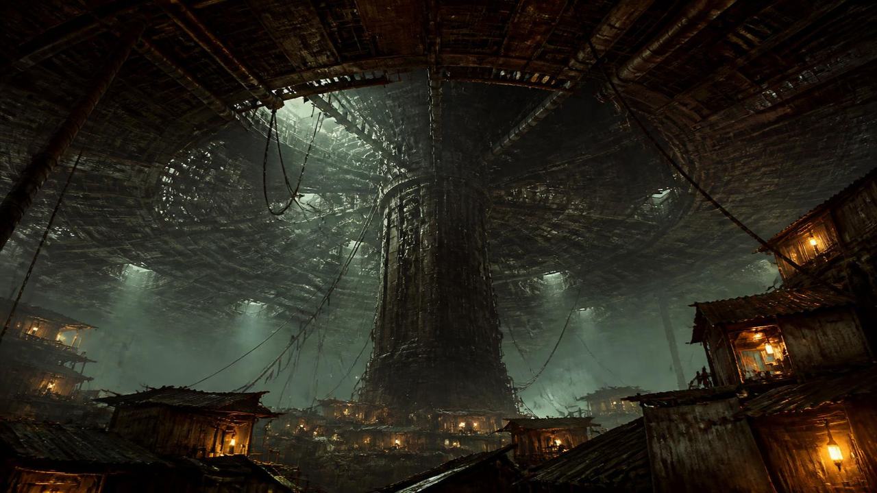 The enormous underside of the plate filling the sky, a giant support pillar rising through hanging cables above lantern lit shanty rooftops.